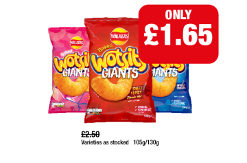 Wotsits Giants Really Cheesy, Prawn Cocktail, Sweet & Spicy - Now Only £1.65 at Family Shopper