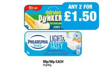 Dairylea Dunkers Jumbo Tubes, Philadelphia Snack Light & Tasty - Any 2 for £1.50 at Family Shopper