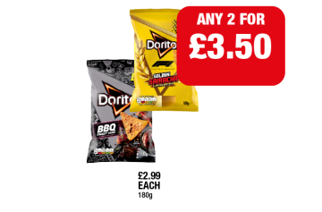 Doritos Golden Siracha, BBQ Sweet Tang - Any 2 for £3.50 at Family Shopper