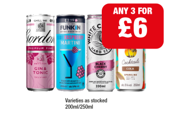 Gordon's Gin & Tonic Pink, Funkin Blue Raspberry Martini, White Claw Black Cherry, Malibu Cola - Any 3 for £6 at Family Shopper