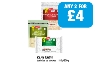 Jack's Grated Mature Cheddar, Mozzarella, Medium Cheddar - Any 2 for £4 at Family Shopper