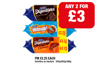 McVities Digestives Dark Chocolate, Caramel, Hobnobs - Any 2 for £3 at Family Shopper