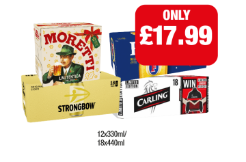 Moretti, Fosters, Strongbow, Carling - Now Only £17.99 at Family Shopper