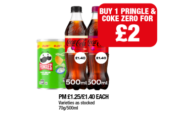 Pringles Sour Cream, Coca Cola Cherry - Buy 1 Pringle & Coke Zero for £2 at Family Shopper