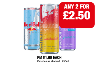 Red Bull Zero, Winter Edition, Lilac Edition - Any 2 for £2.50 at Family Shopper