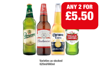 Staropramen, Budweiser, Corona, Stella Artois - Any 2 for £5.50 at Family Shopper