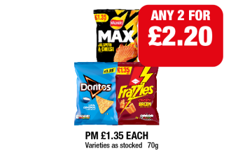 Walkers Max Jalapeno & Cheese, Doritos Cool Original, Frazzles Crispy Bacon - Any 2 for £2.20 at Family Shopper