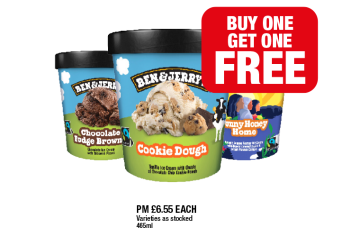 Ben & Jerry's Cookie Dough, Chocolate Fudge Brownie, Sunny Honey Home - Now Only Buy 1 Get 1 FREE at Family Shopper