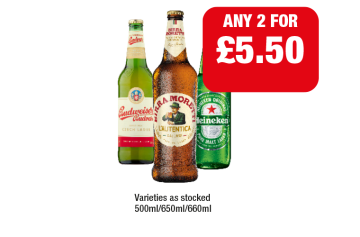 Budweiser, Moretti, Heineken - Any 2 for £5.50 at Family Shopper