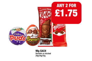 Cadbury Puds, Reese's DJ Santa, KitKat Santa, Maltesers Reindeer - Any 2 for £1.75 at Family Shopper
