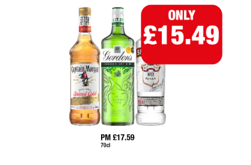 Captain Morgan Spiced Gold, Gordon's Gin, Smirnoff - Now Only £15.49 at Family Shopper