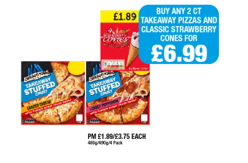 Chicago Town Pizza Takeaway Stuffed Crust Loaded Cheese, Pepperoni, Strawberry Cones - Buy Any 2 Chicago Town Pizas And Classic Strawberry Cones for £6.99 at Family Shopper