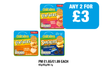Dairylea Lunchers Ham 'N' Cheese, Chicken 'N' Cheese, Cheese & Crackers Mini Oreo - Any 2 for £3 at Family Shopper