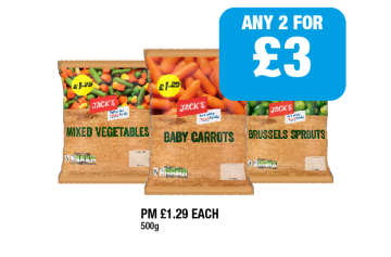 Jack's Mixed Vegetables, Baby Carrots, Brussels Sprouts - Any 3 for £3 at Family Shopper