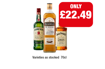 Jameson, Bushmills Whiskey, Jack Daniels Honey - Now Only £22.49 at Family Shopper