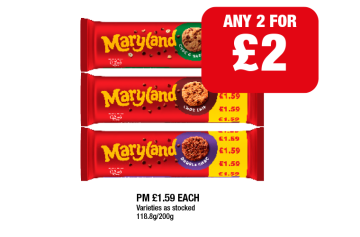 Maryland Choc & Hazelnut, Choc Chip, Double Choc - Any 2 for £2 at Family Shopper