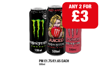 Monster Energy, Juiced Bad Apple, Punch - Any 2 for £3 at Family Shopper