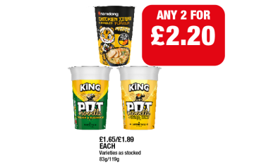 Namdong Chicken Noodles, Pot Noodle Chicken & Mushroom, Original Curry - Any 2 for £2.20 at Family Shopper