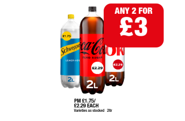 Schweppes, Coca Cola Zero Sugar, Diet Coke - Any 2 for £3 at Family Shopper