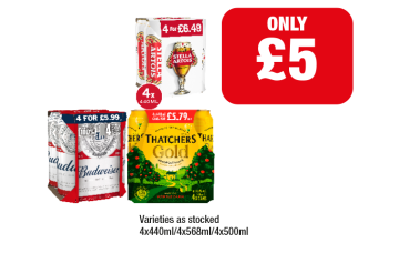 Budweiser, Stella Artois, Thatchers Gold - Now Only £5 at Family Shopper