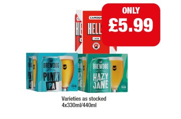 Camden Hells, Brewdog Punk IPA, Hazy Jane - Now Only £5.99 at Family Shopper