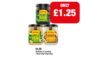Colman's Mint Sauce, Apple, Horseradish - Now Only £1.25 at Family Shopper
