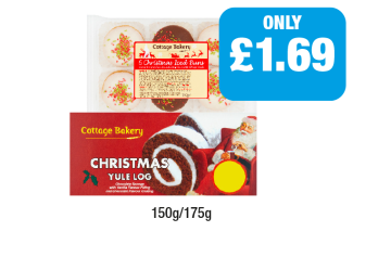 Cottage Bakery Christmas Iced Buns, Christmas Yule Log - Now Only £1.69 at Family Shopper