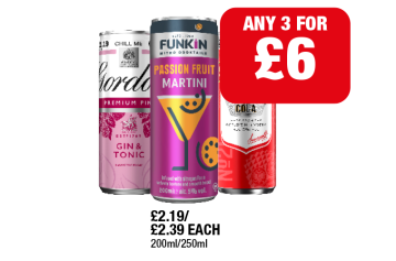Gordon's Pink Gin & Tonic, Funkin Martini, Smirnoff Vodka Cola - Any 3 for £6 at Family Shopper