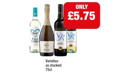 I Heart Pinot Grigio, Bubbly, Hardy's VR Cabernet Sauvignon, Sauvignon Blanc - Now Only £5.75 at Family Shopper
