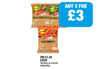Jack's Mixed Vegetables, Brussels Sprouts, Baby Carrots - Any 3 for £3 at Family Shopper
