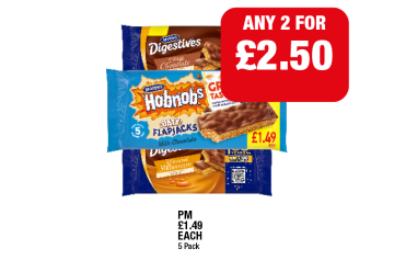 McVities Digestives Milk Chocolate, Caramel Millionaire, Hobnobs Oaty Flapjacks - Any 2 for £2.50 at Family Shopper