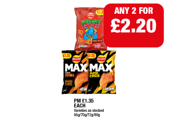 Monster Munch Sweet & Spicy, Walkers Max Paprika, Jalapeno Cheese - Any 2 for £2.20 at Family Shopper