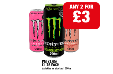Monster Original, Ultra Rosá, Peachy - Any 2 for £3 at Family Shopper