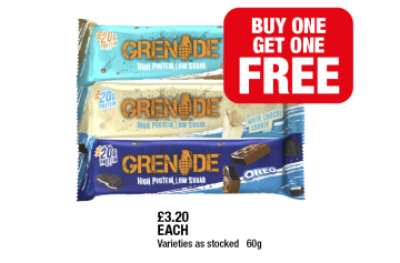 Grenade Salted Caramel, White Chocolate Cookie, Oreo - Now Only Buy 1 Get 1 FREE at Family Shopper