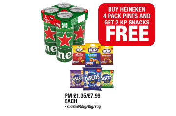 Heineken, KP Original, Thai Chilli, Dry Roasted, Discos Salt & Vinegar, Pickled Onion, Cheese & Onion - Now Only Buy Heineken 4 Pack And Get 2 KP Snacks FREE at Family Shopper