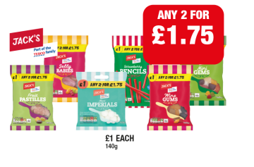 Jack's Fruit Pastilles, Jelly babies, Mint Imperials, Strawberry Pencils, Wine Gums, Mini Gems - Any 2 for £1.75 at Family Shopper