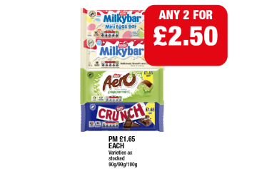 Milkybar, Mini Eggs Bar, Aero Peppermint, Crunch - Any 2 for £2.50 at Family Shopper