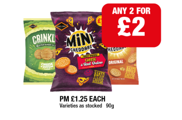 Mini Cheddars Original, Cheese & Red Onion, Crinkly Cheese & Onion - Any 2 for £2 at Family Shopper