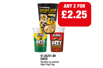Namdong Chicken Flavour, Pot Noodles Chicken & Mushroom, Beef & Tomato - Any 2 for £2.25 at Family Shopper