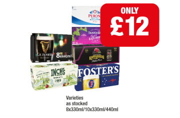 Peroni, Thatchers Apply & Blackcurrant, Guinness, Inch's, Kopparberg Mixed Fruits, Fosters - Now Only £12 at Family Shopper