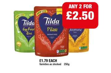 Tilda Rice Pilau, Jasmine, Egg Fried Rice - Any 2 for £2.50 at Family Shopper