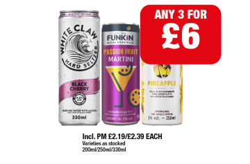 White Claw Black Cherry, Funkin Passion Fruit Martini, Malibu Pineapple - Any 3 for £6 at Family Shopper