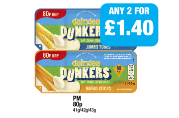 Dairylea Dunkers Jumbo Tubes, Bread Sticks - Any 2 for £1.40 at Family Shopper