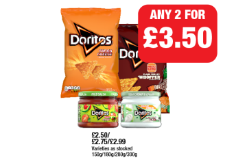 Doritos Tangy Cheese, Plant Grilled Whopper, Mild Salsa, Sour Cream & Chives - Any 2 for £3.50 at Family Shopper