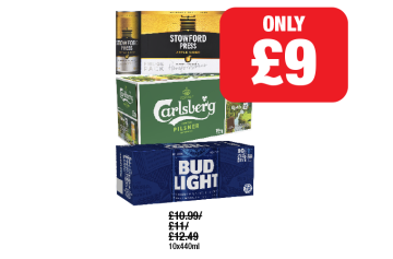 Stowford Press, Carlsberg, Bud Light - Now Only £9 each at Family Shopper