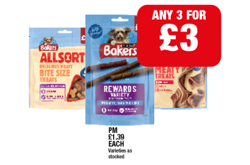 Bakers All Sort Bite Size, Meaty, Rewards Variety - Any 3 for £3 at Family Shopper