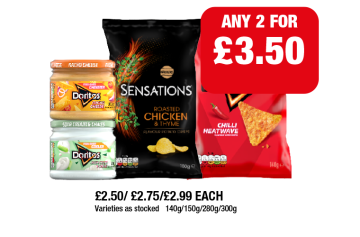 Doritos Chilli Heatwave, Nacho Cheese, Sour Cream & Chive, Sensations Roasted Chicken - Any 2 for £3.50 at Family Shopper