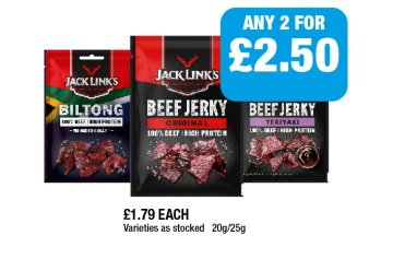 Jack's Link's Biltong, Beef Jerky Original, Teriyaki - Any 2 for £2.50 at Family Shopper