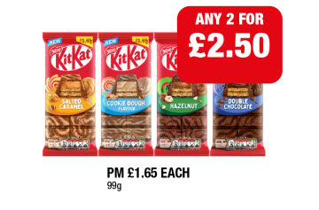 KitKat Salted Caramel, Cookie Dough, Hazelnut, Double Chocolate - Any 2 for £2.50 at Family Shopper