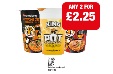 Namdong Noodles Kimchi, Beef, Pot Noodle Curry - Any 2 for £2.25 at Family Shopper